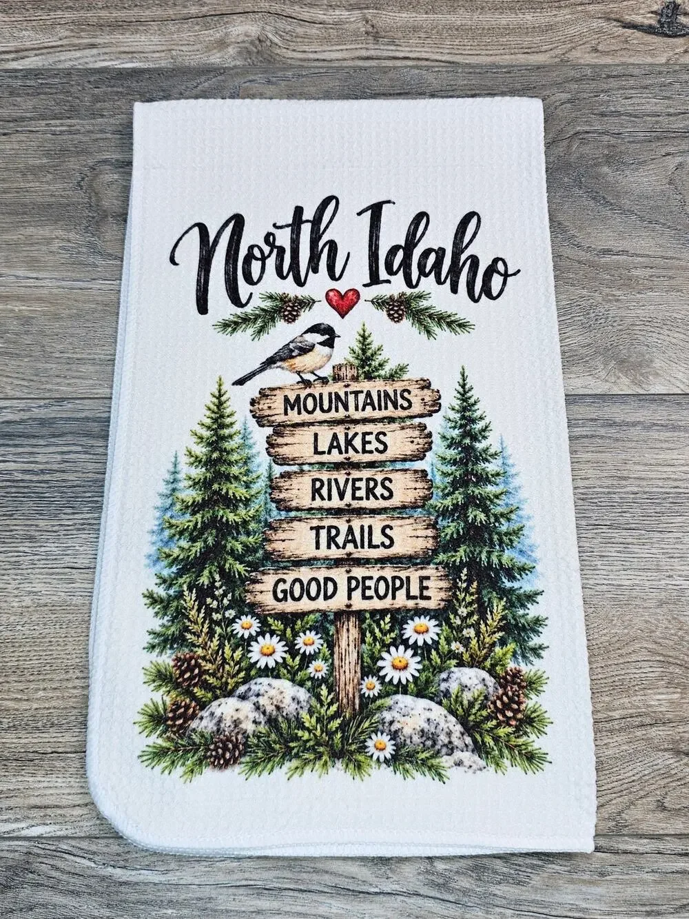 North Idaho Mountains Lakes Rivers Trails Kitchen Towel Rustic Cabin Decor